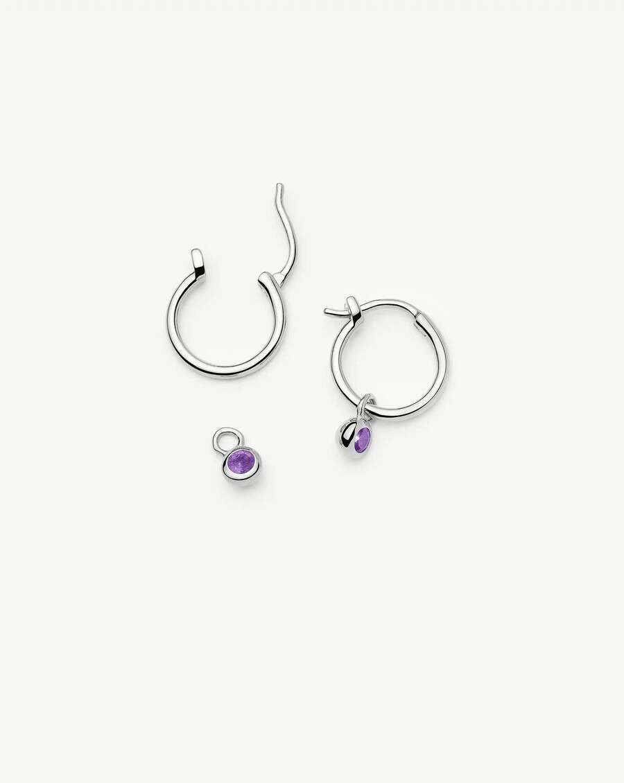 boucles doreilles créoles argentées avec pendentif pierre de naissance de février