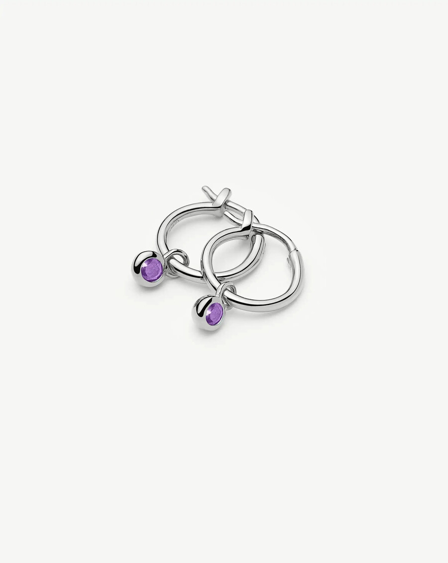 boucles doreilles créoles argentées avec pendentif pierre de naissance de février
