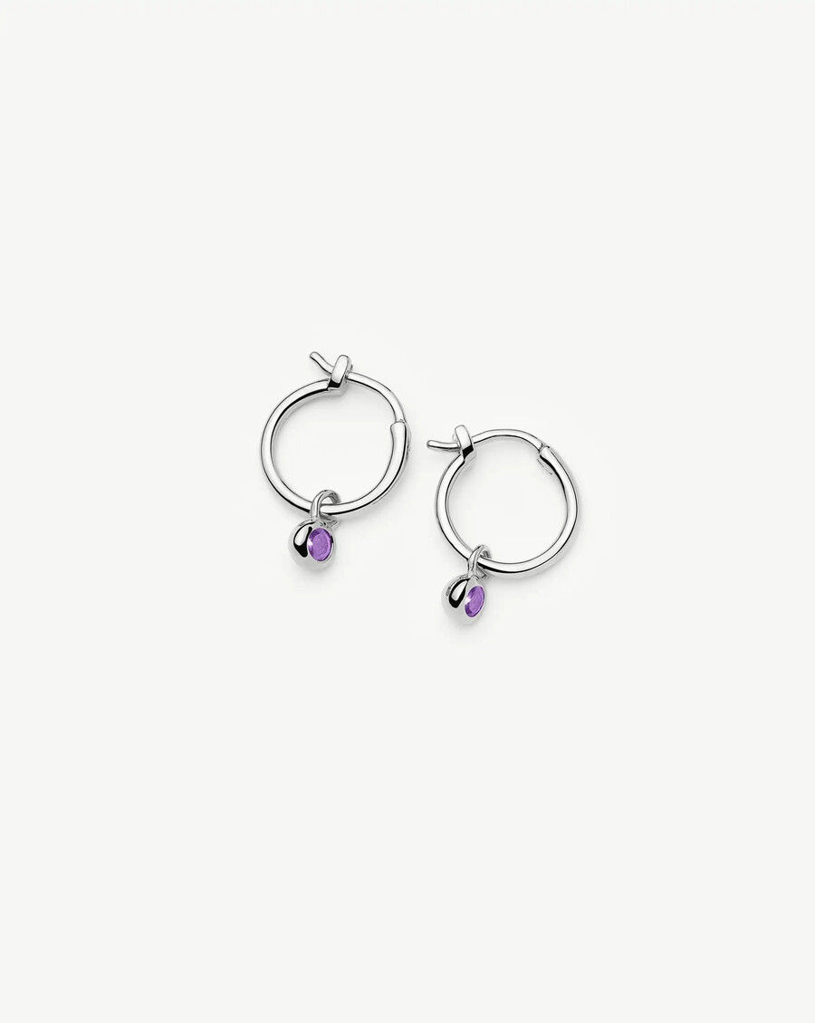 boucles doreilles créoles argentées avec pendentif pierre de naissance de février
