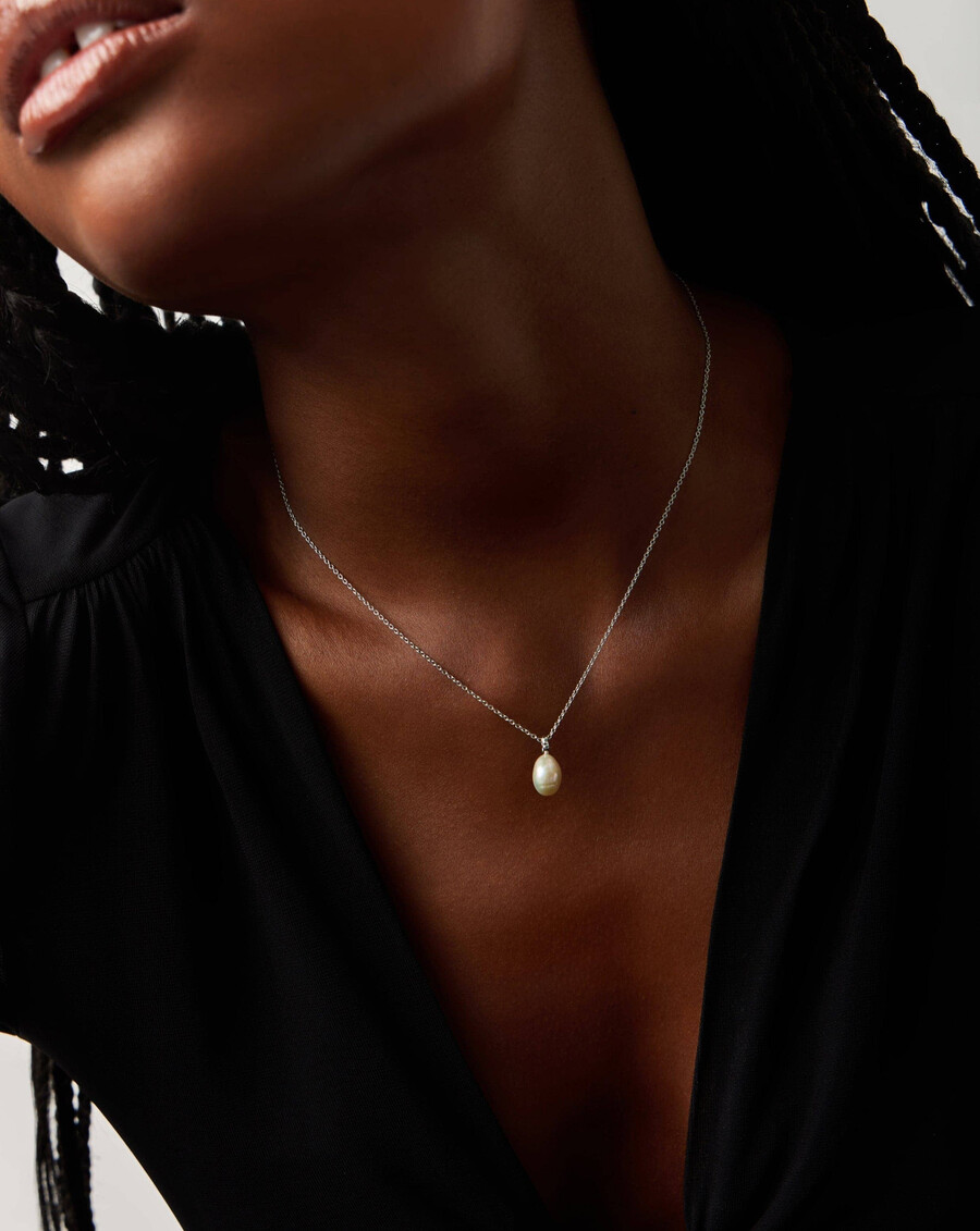 collier pendentif en or blanc massif 14 carats avec perle baroque