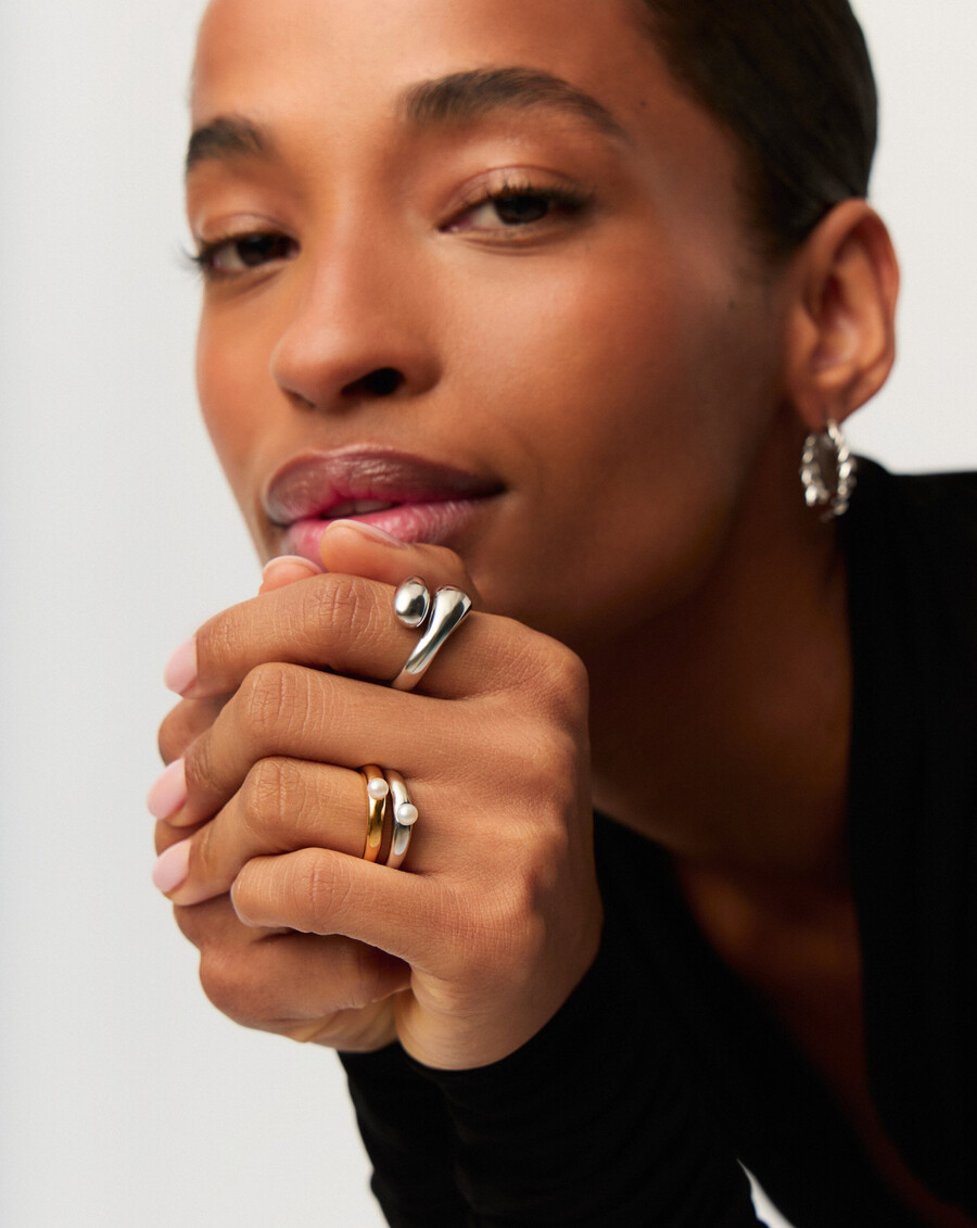 bague empilable classique à perle bouton - argent
