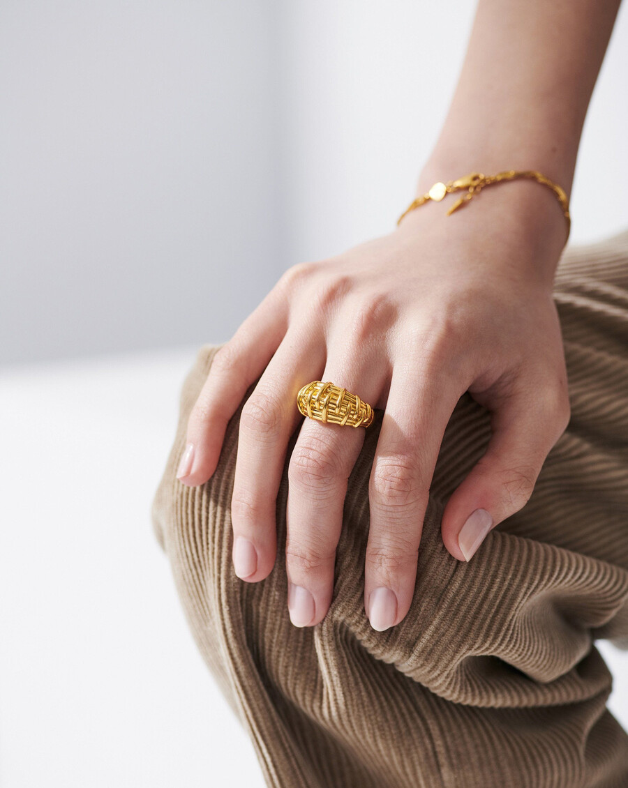 bague bombe en raphia - plaqué or 18 carats